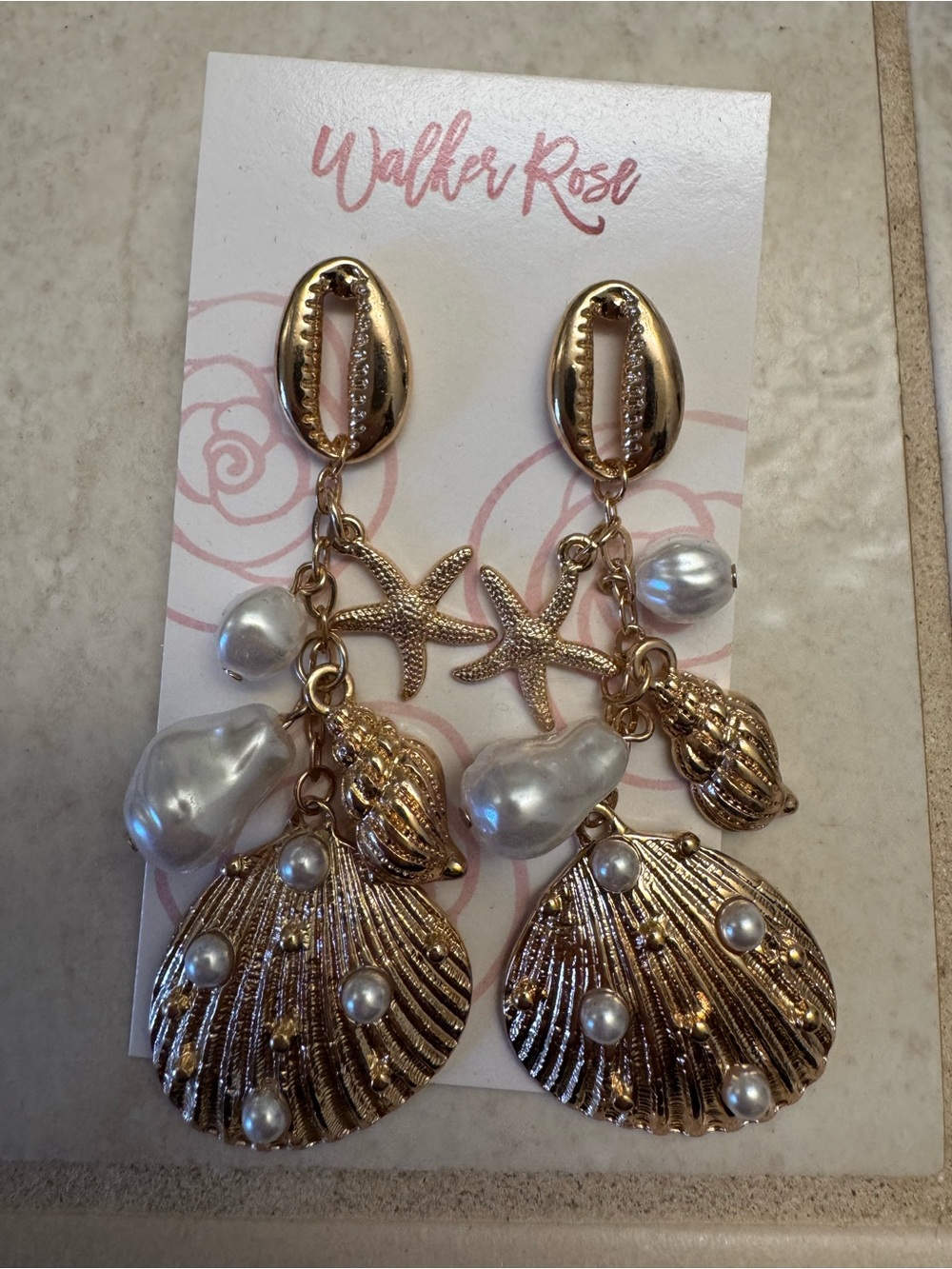 New Walker Rose Gold Beach Seashell Starfish Faux Pearl Dangle Post Earrings